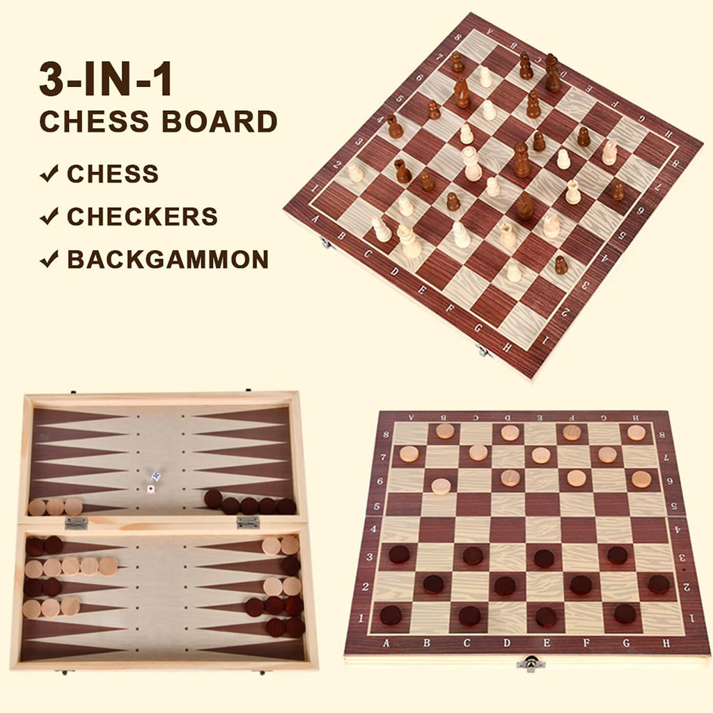 3 IN 1 WOODEN CHESS CHECKERS BACKGAMMON GAMES