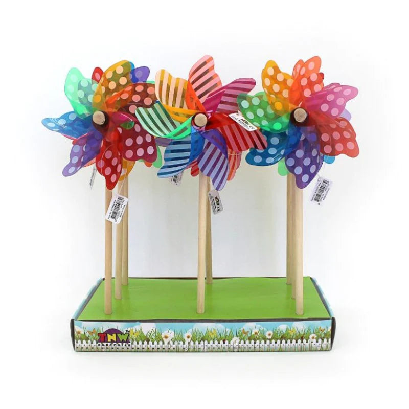 COLOURFUL RAINBOW WINDMILL ON STICK 15CM ASST