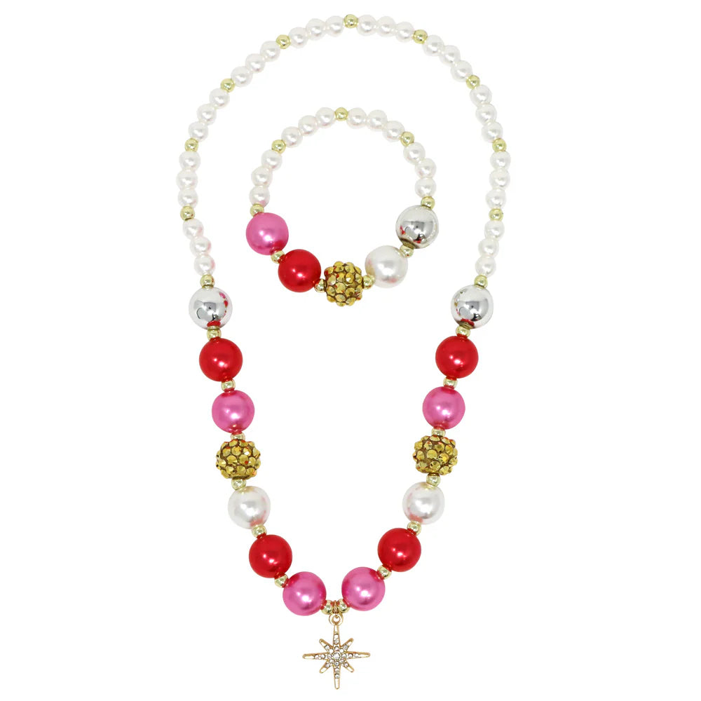 PINK POPPY NECKLACE AND BRACELET SET WITH SPARKLY STAR CHARM