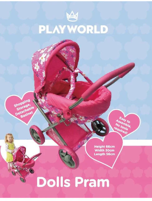 PLAYWORLD DOLL PRAM MEDIUM PINK KIDSGOODS