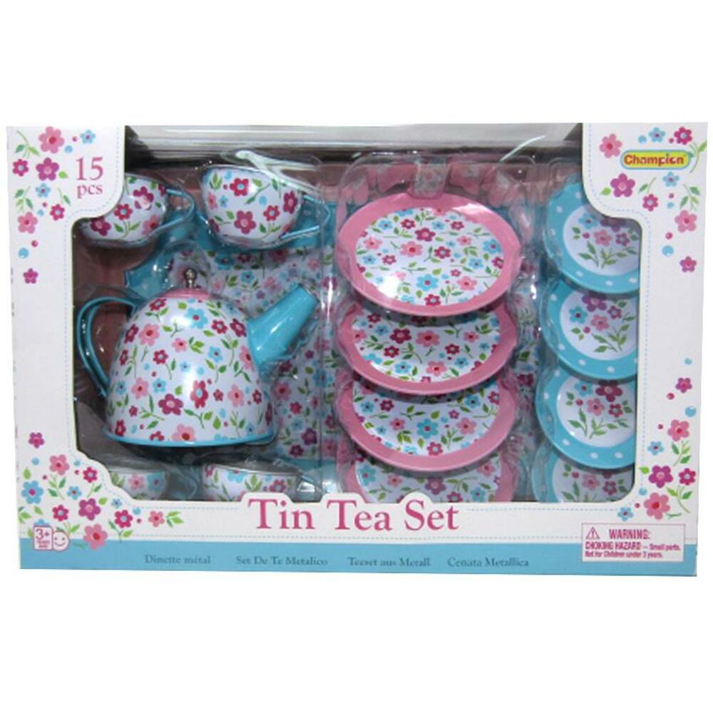 T64703 15PC TIN TEA SET FLOWERS