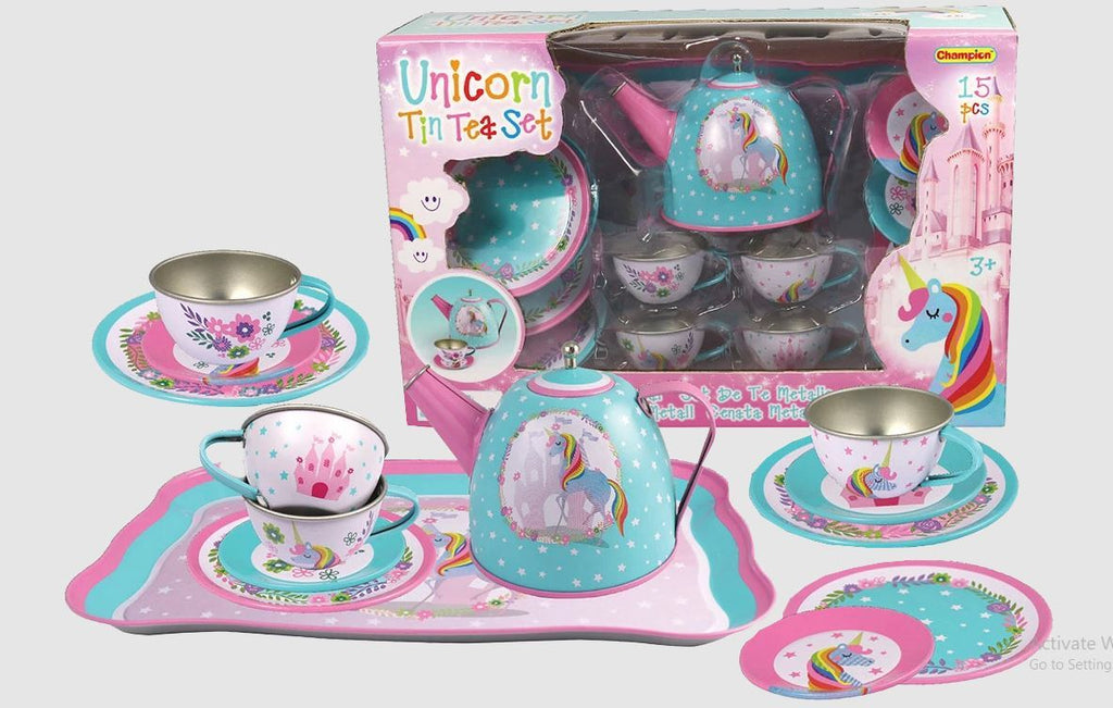 T64703 15PC TIN TEA SET UNICORN